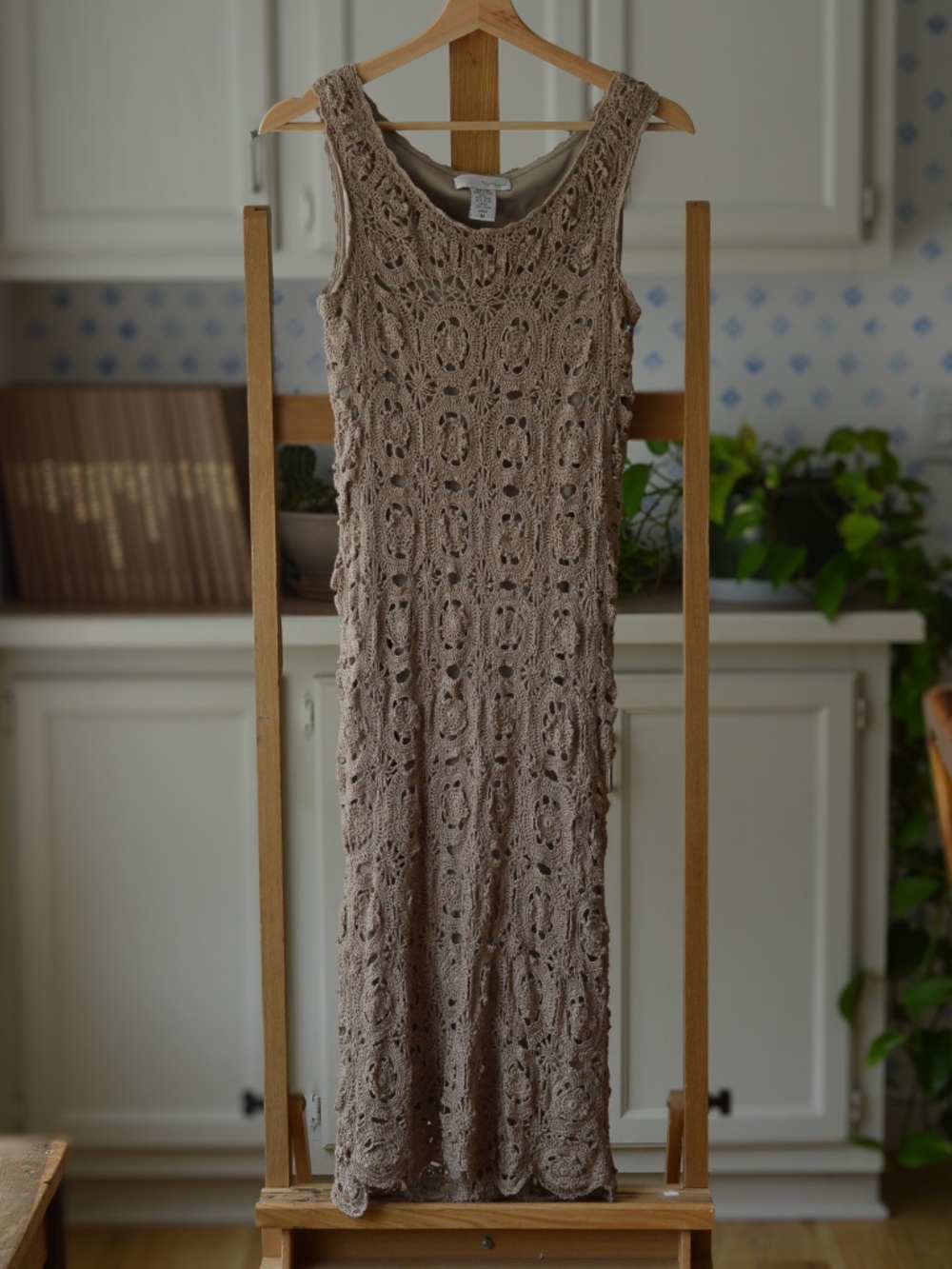 Spiegel Vintage Crochet Lace Overlay Maxi Dress Tan Beige Size M